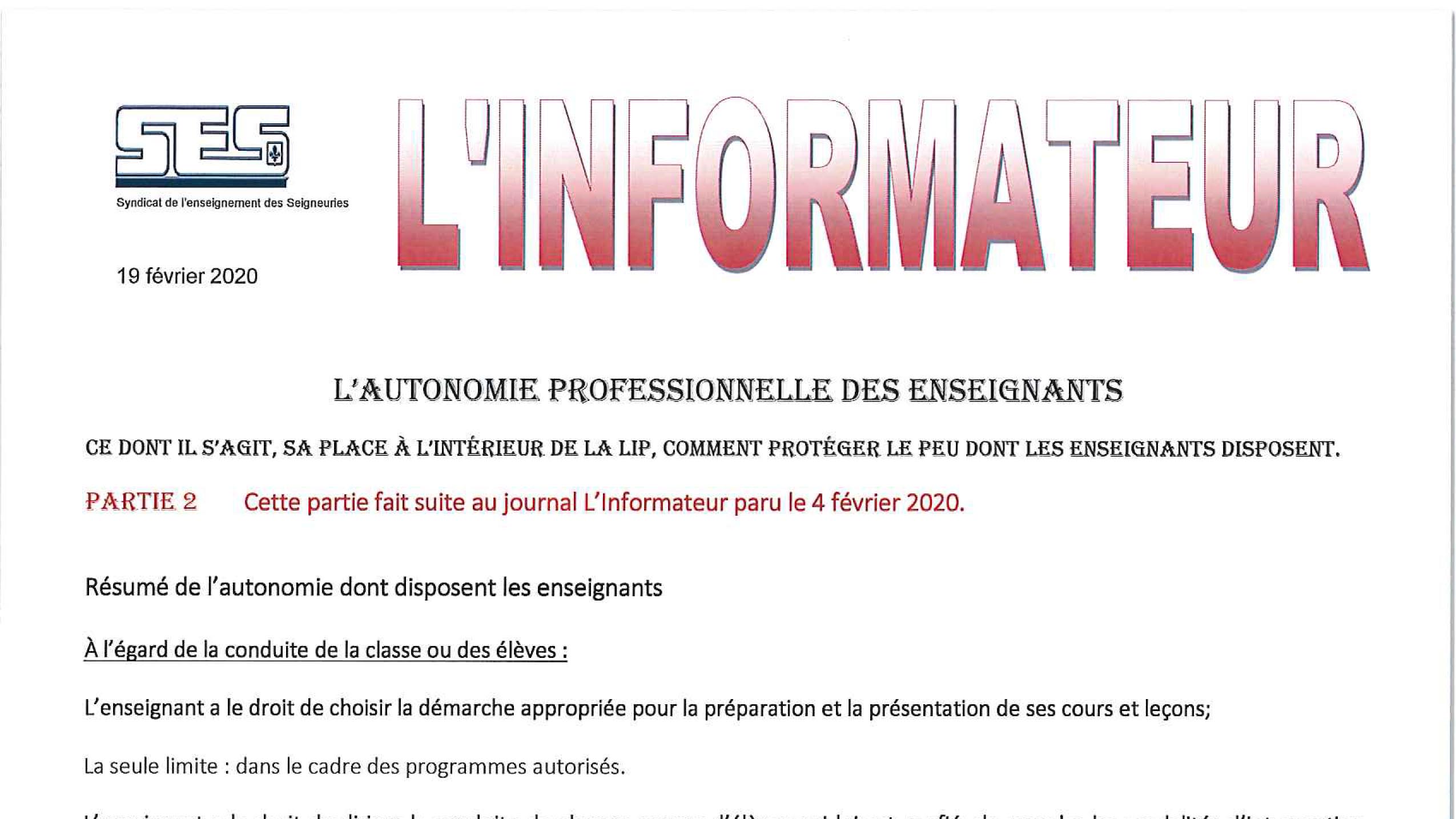 L’Informateur – Autonomie professionnelle partie 2 – Février 2020