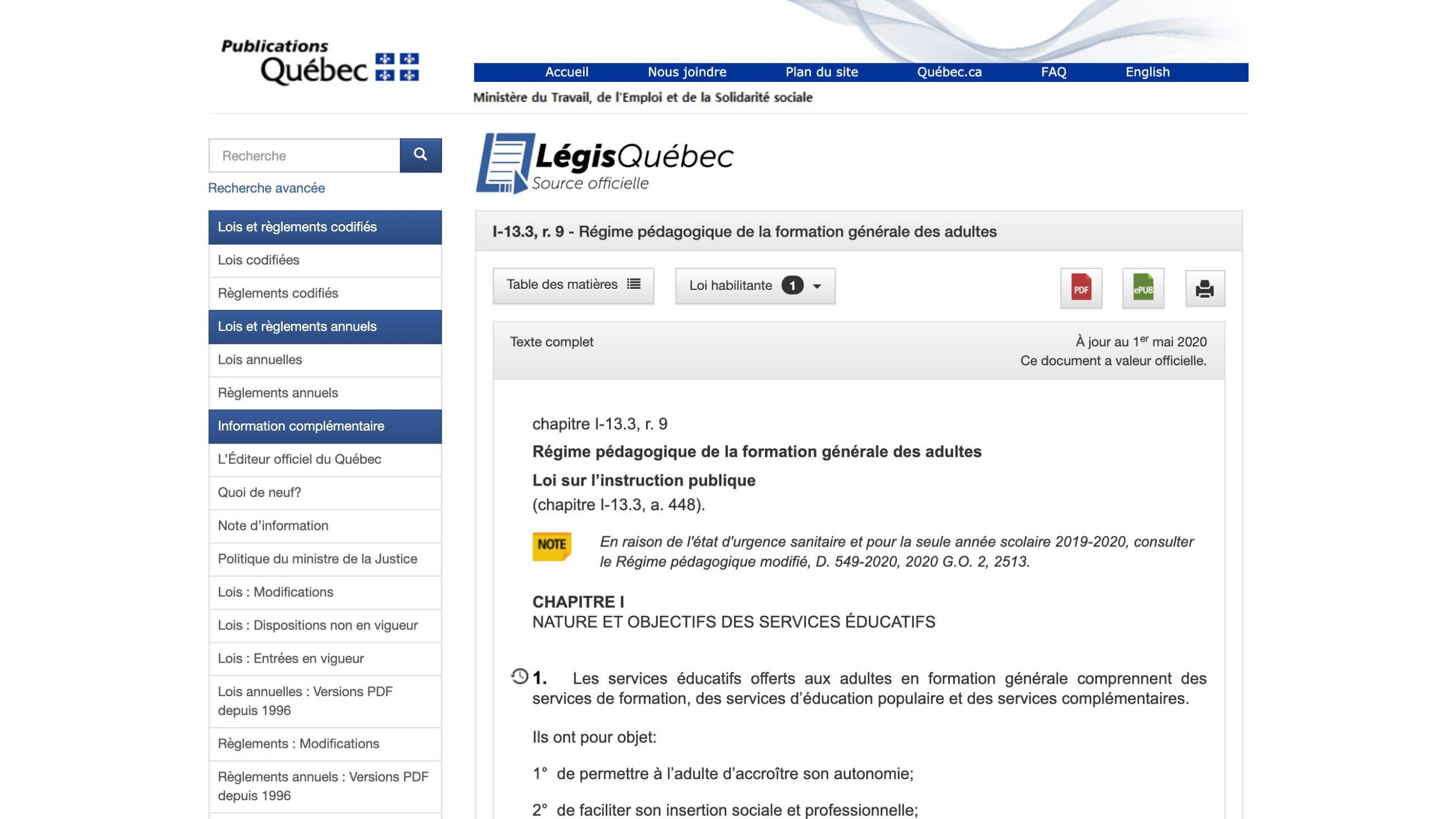 Régime pédagogique de la formation générale des adultes