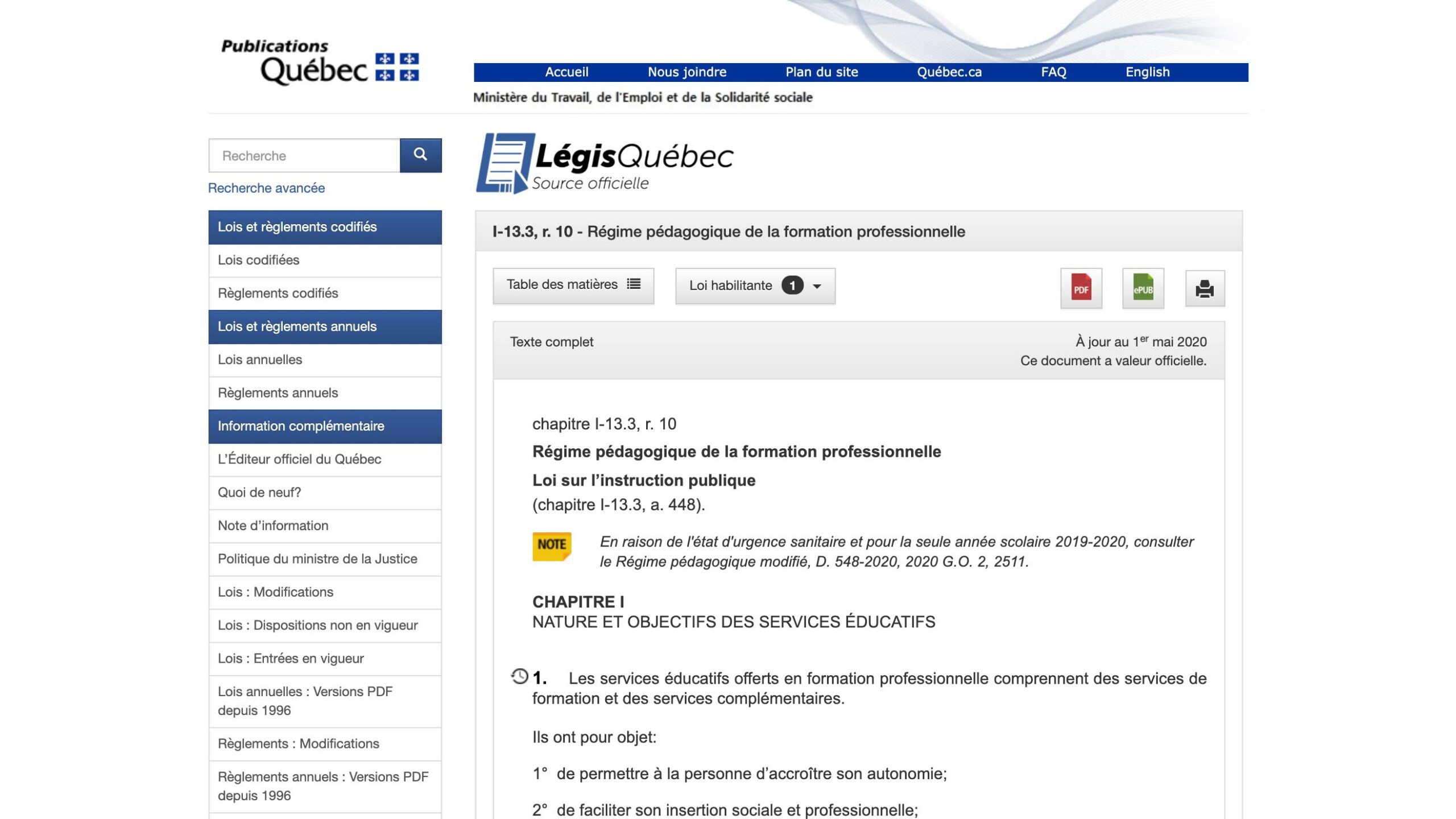 Régime pédagogique de la formation professionnelle