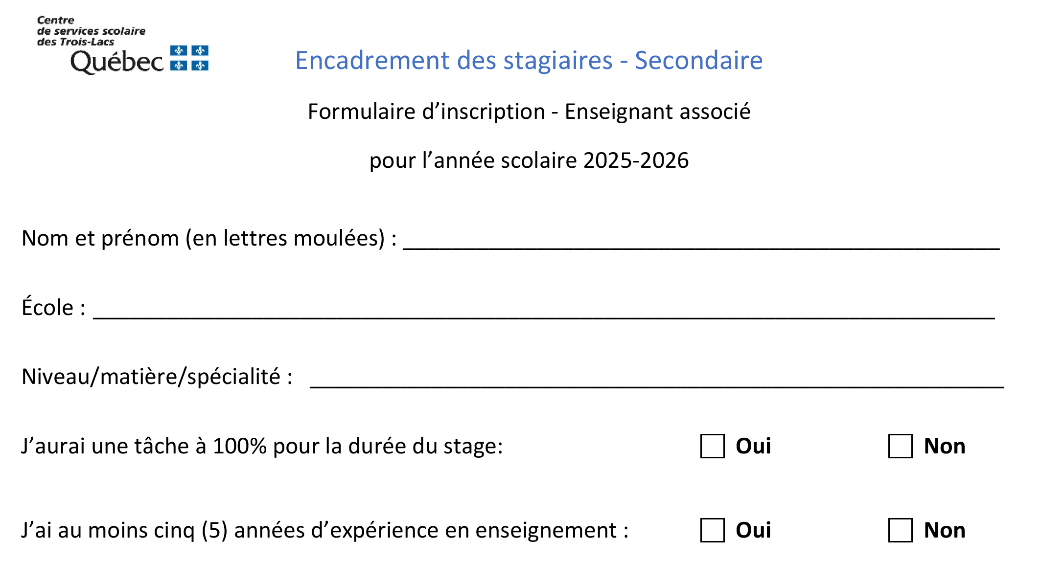 Formulaire d&rsquo;inscription – Enseignant associé – Secondaire