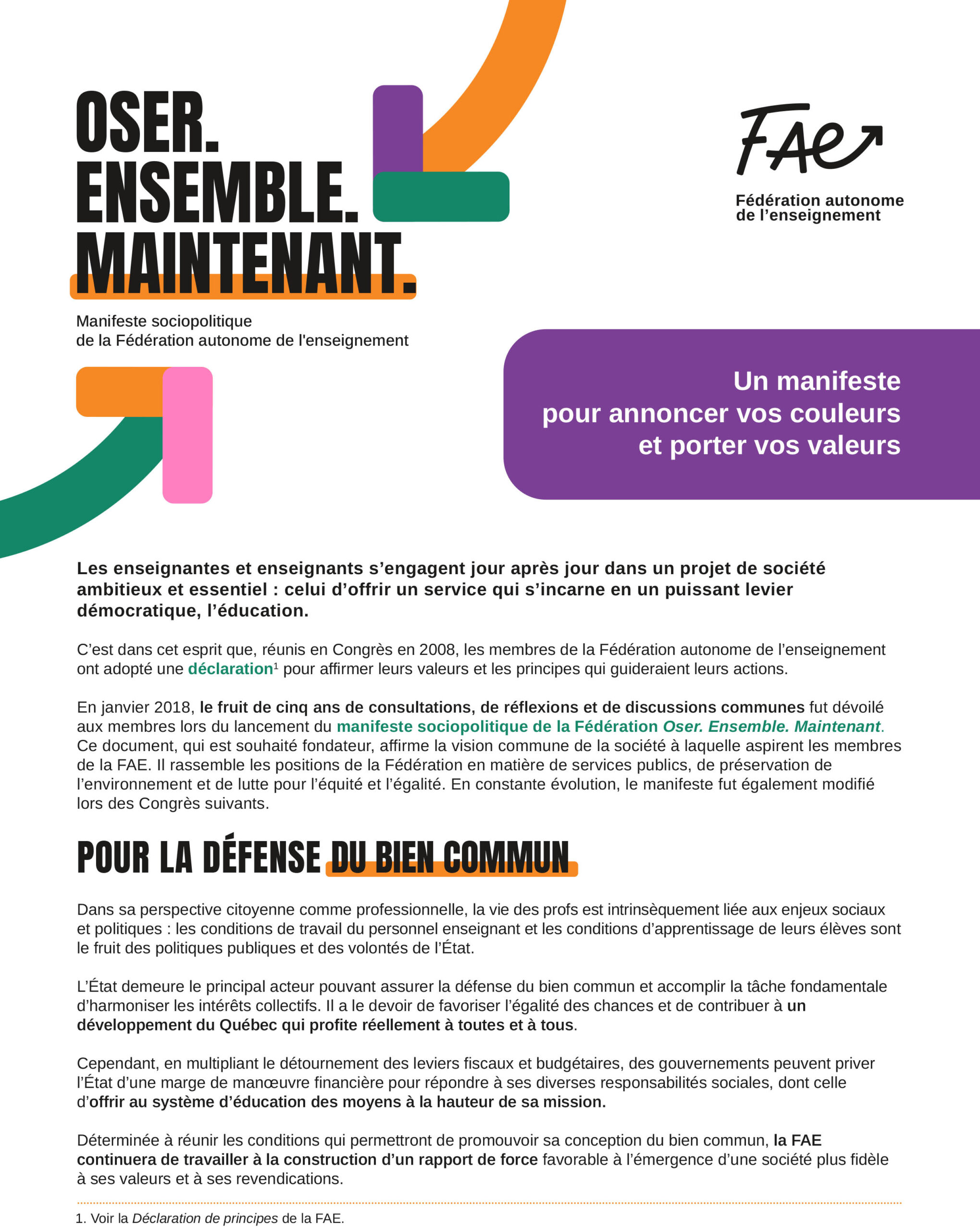 Manifeste sociopolitique de la Fédération autonome de l’enseignement