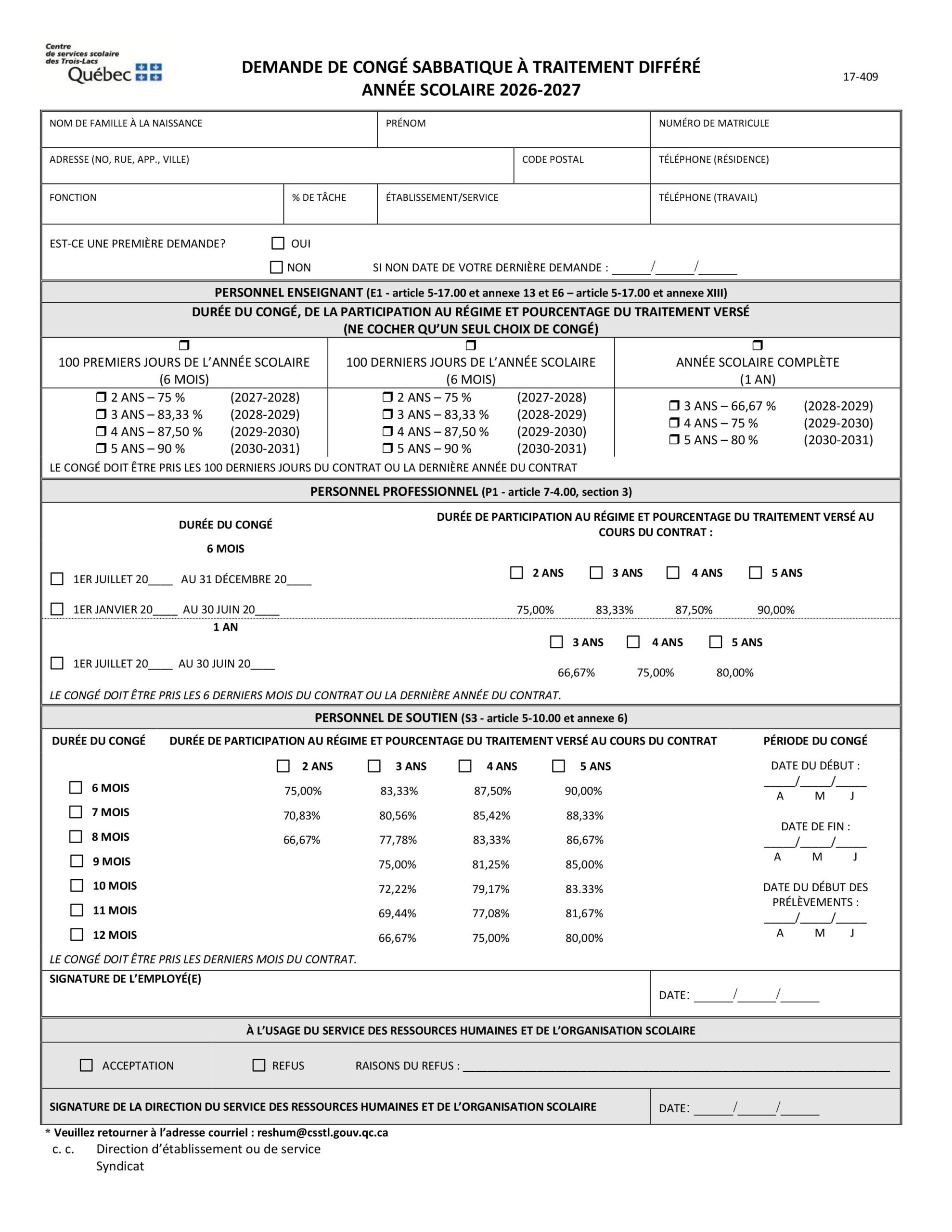Demande de congé sabbatique à traitement différé 2026-2027