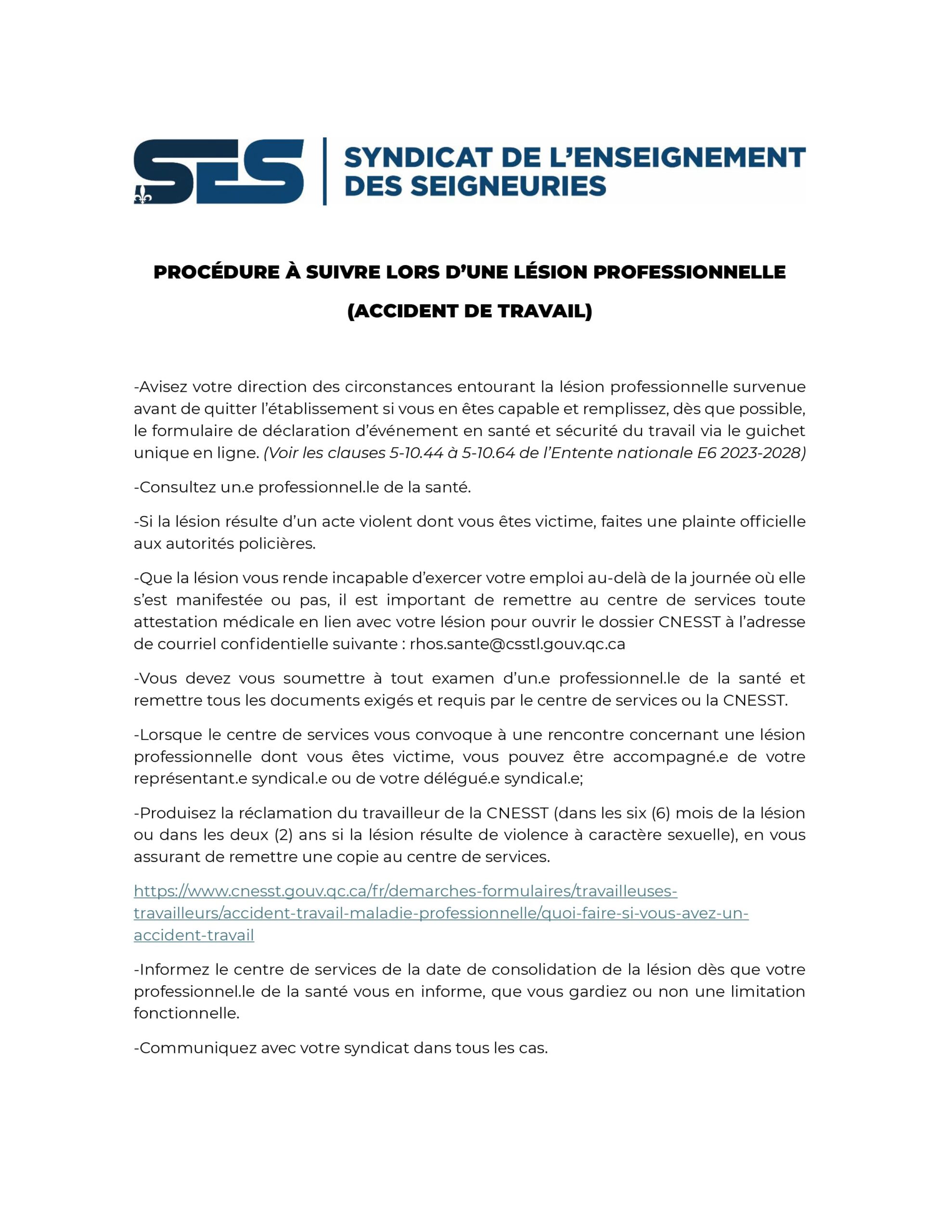 Procédure à suivre lors d’une lésion professionnelle
