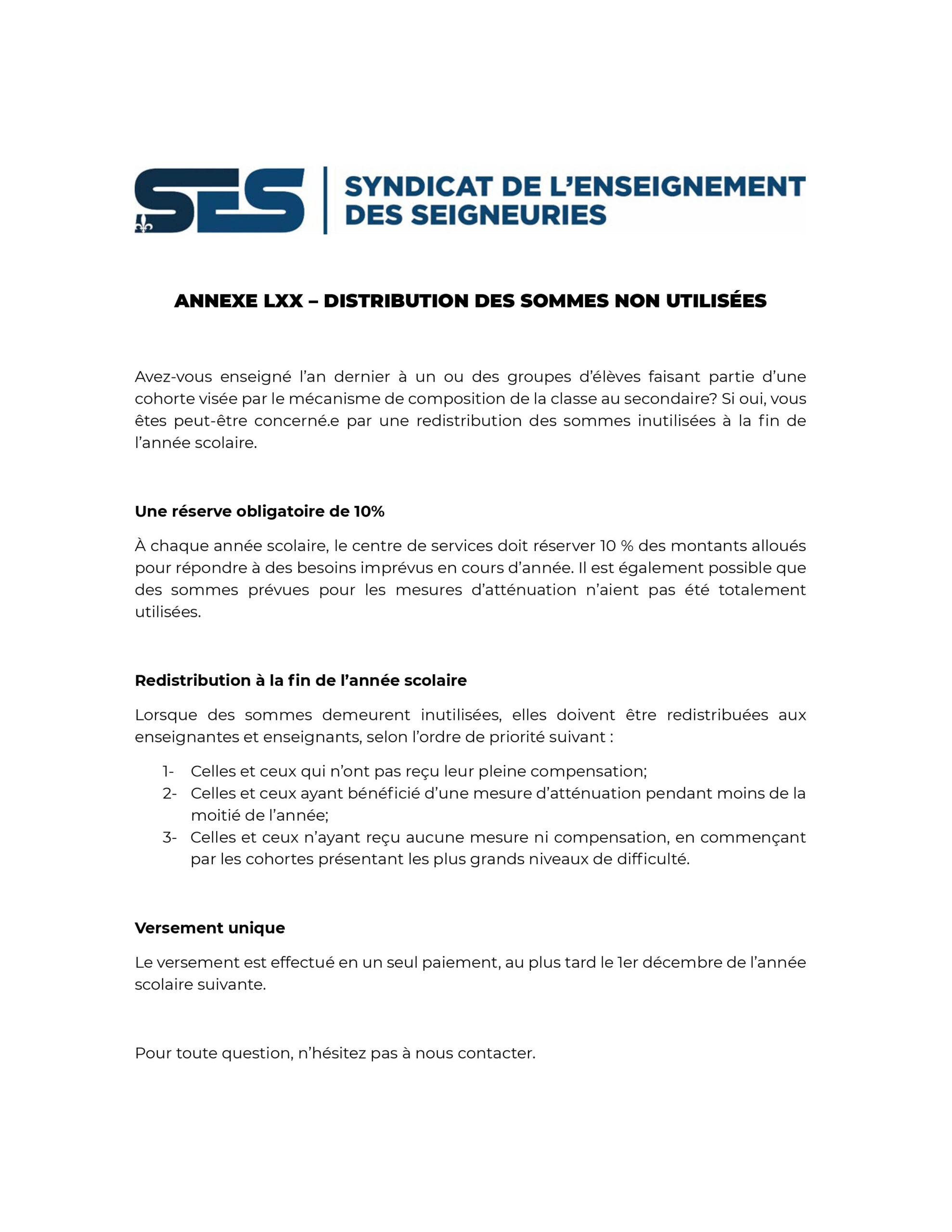 Annexe LXX – Distribution des sommes non utilisées