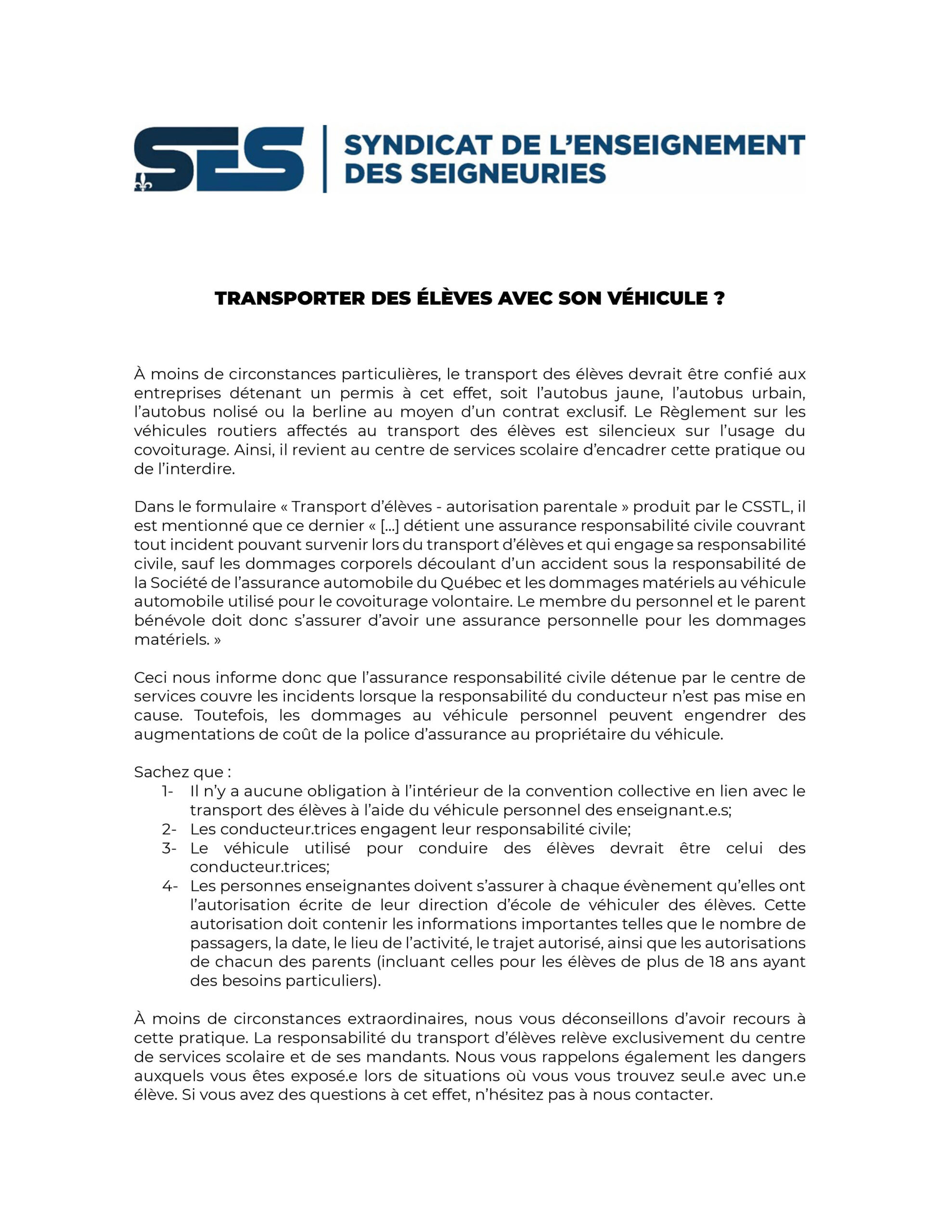 Transporter des élèves avec son véhicule ?