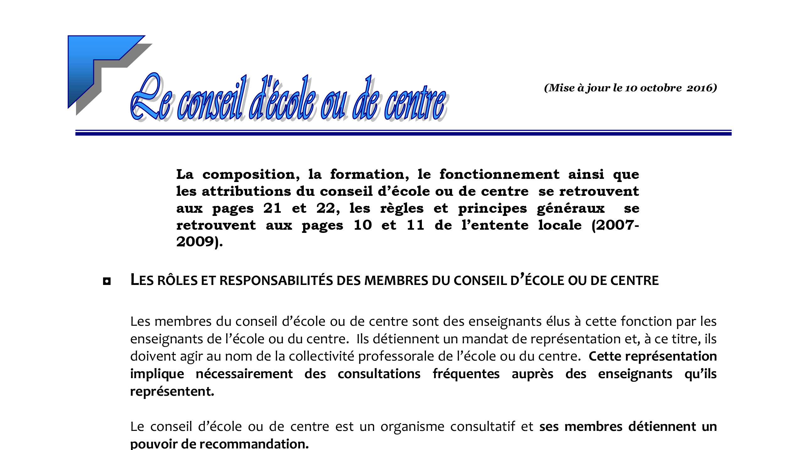 Le conseil d&rsquo;école ou de centre