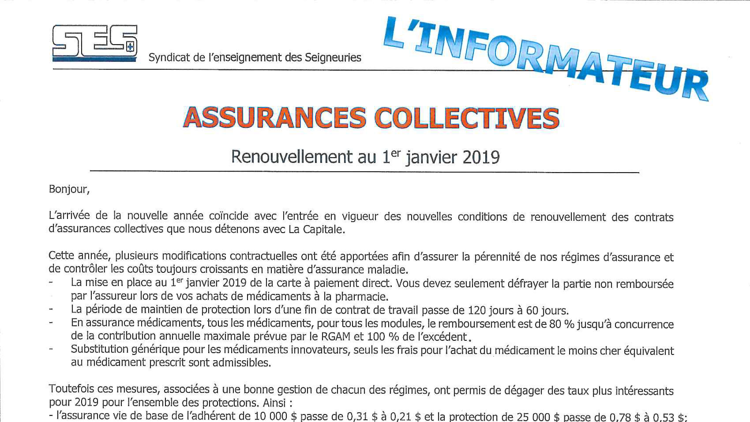 L’Informateur – Taux des primes janvier 2019