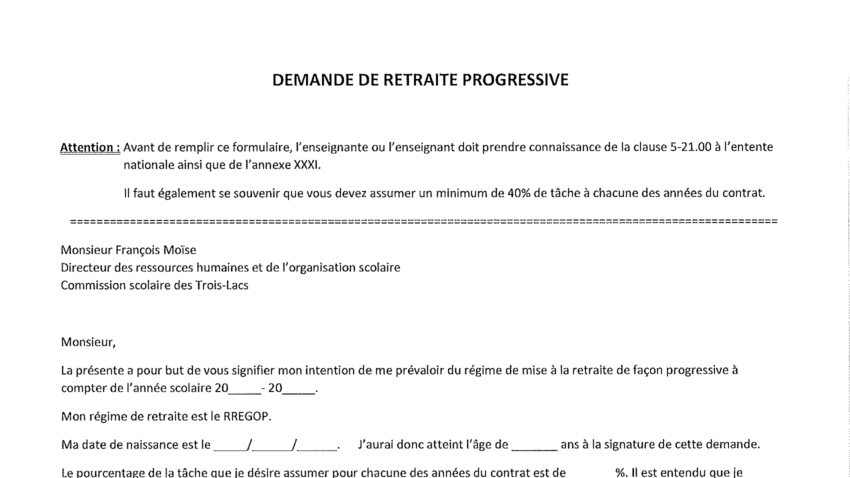 Formulaire de demande de retraite progressive