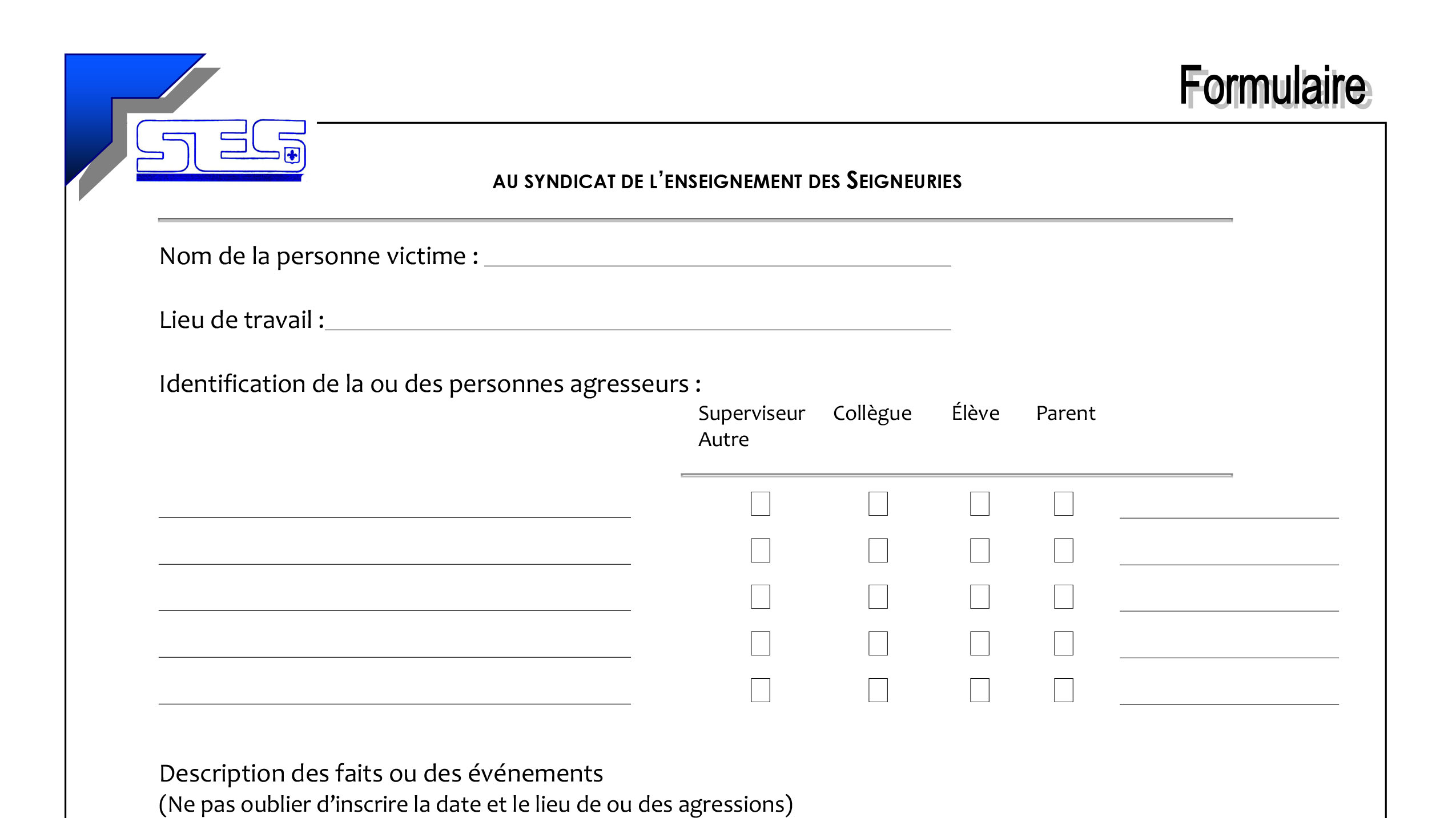 Formulaire de plainte de harcèlement et violence au travail