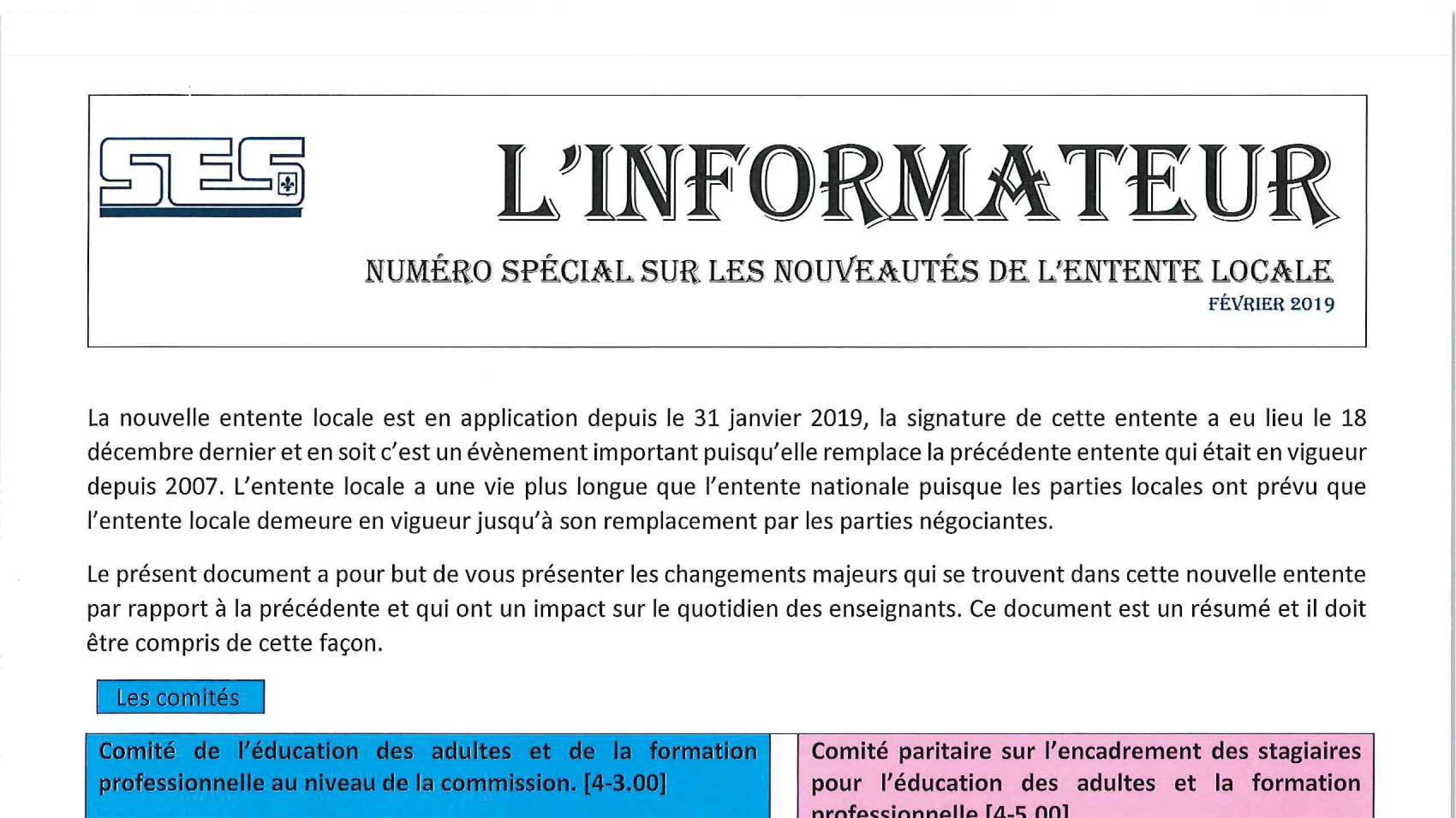 L&rsquo;Informateur – Février 2019 – Numéro spécial sur les nouveautés de l’Entente locale