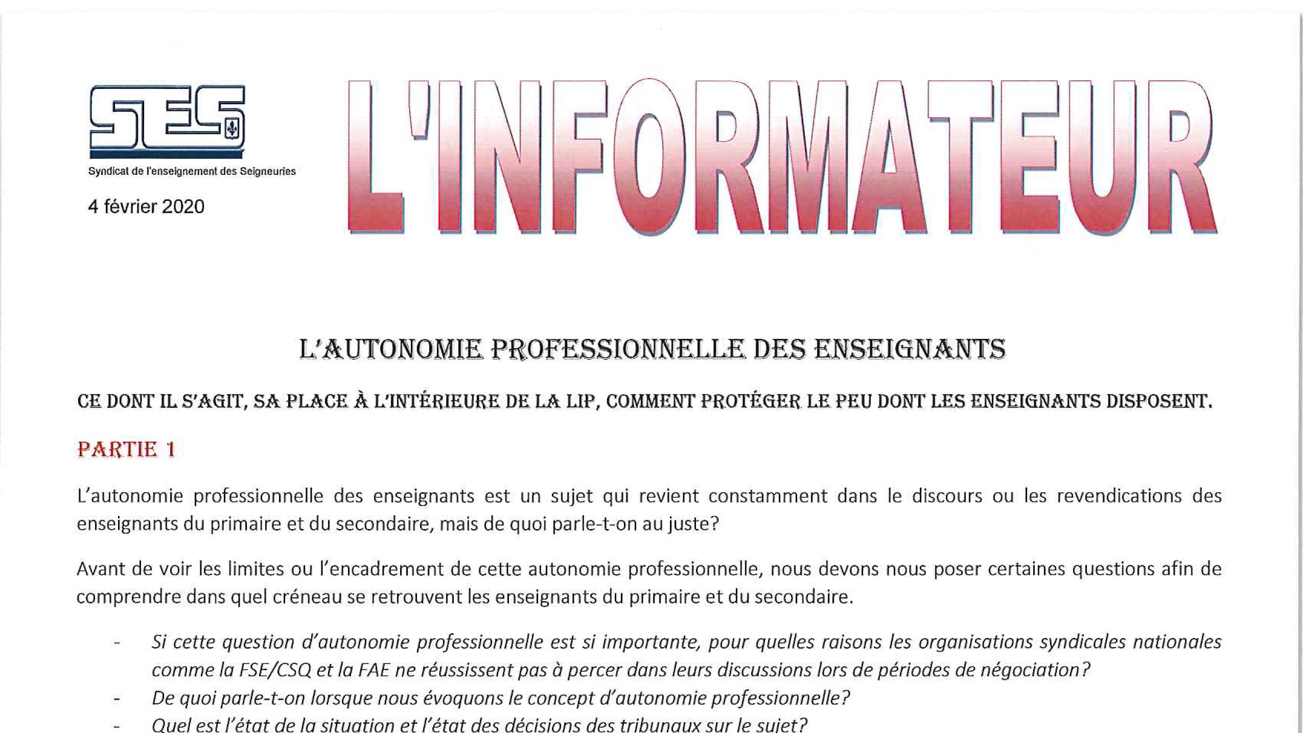 L&rsquo;Informateur – Autonomie professionnelle partie 1 – Février 2020