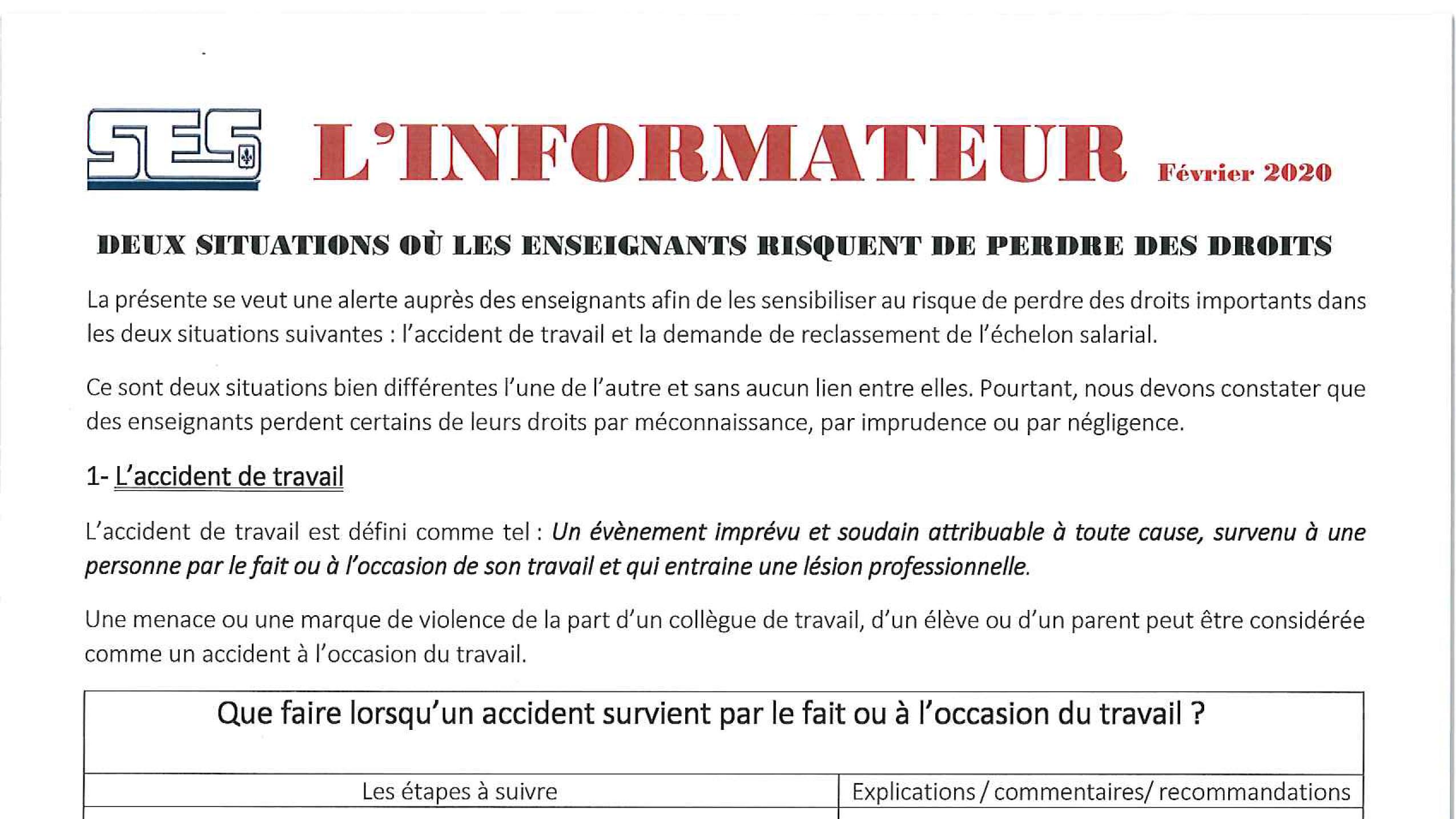 L&rsquo;Informateur – Accident de travail – Février 2020