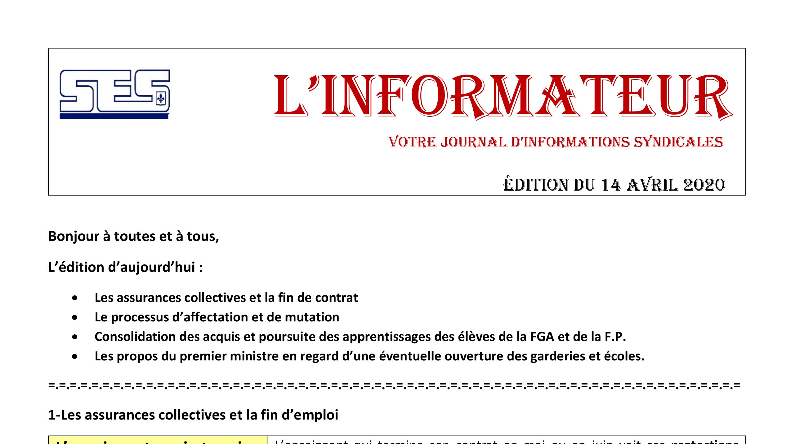 L&rsquo;Informateur – 14 Avril 2020