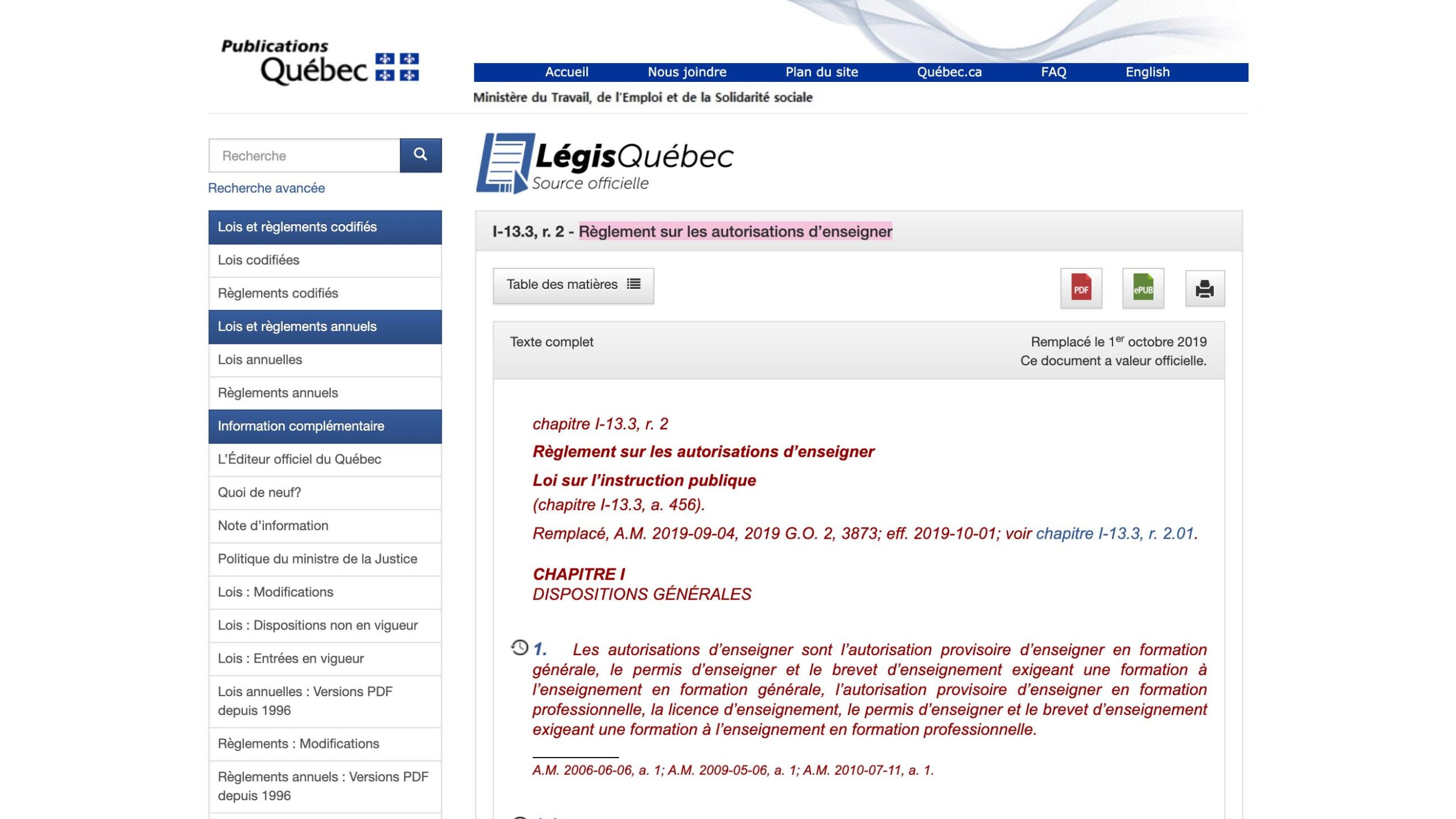 Règlement sur les autorisations d’enseigner