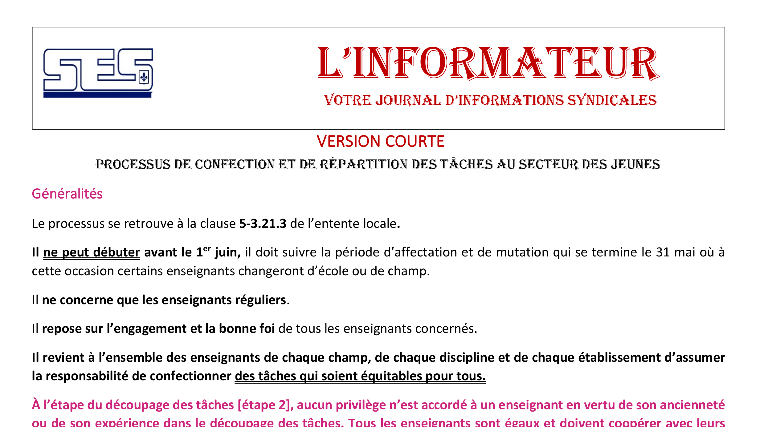 Processus de confection et répartition des tâches 