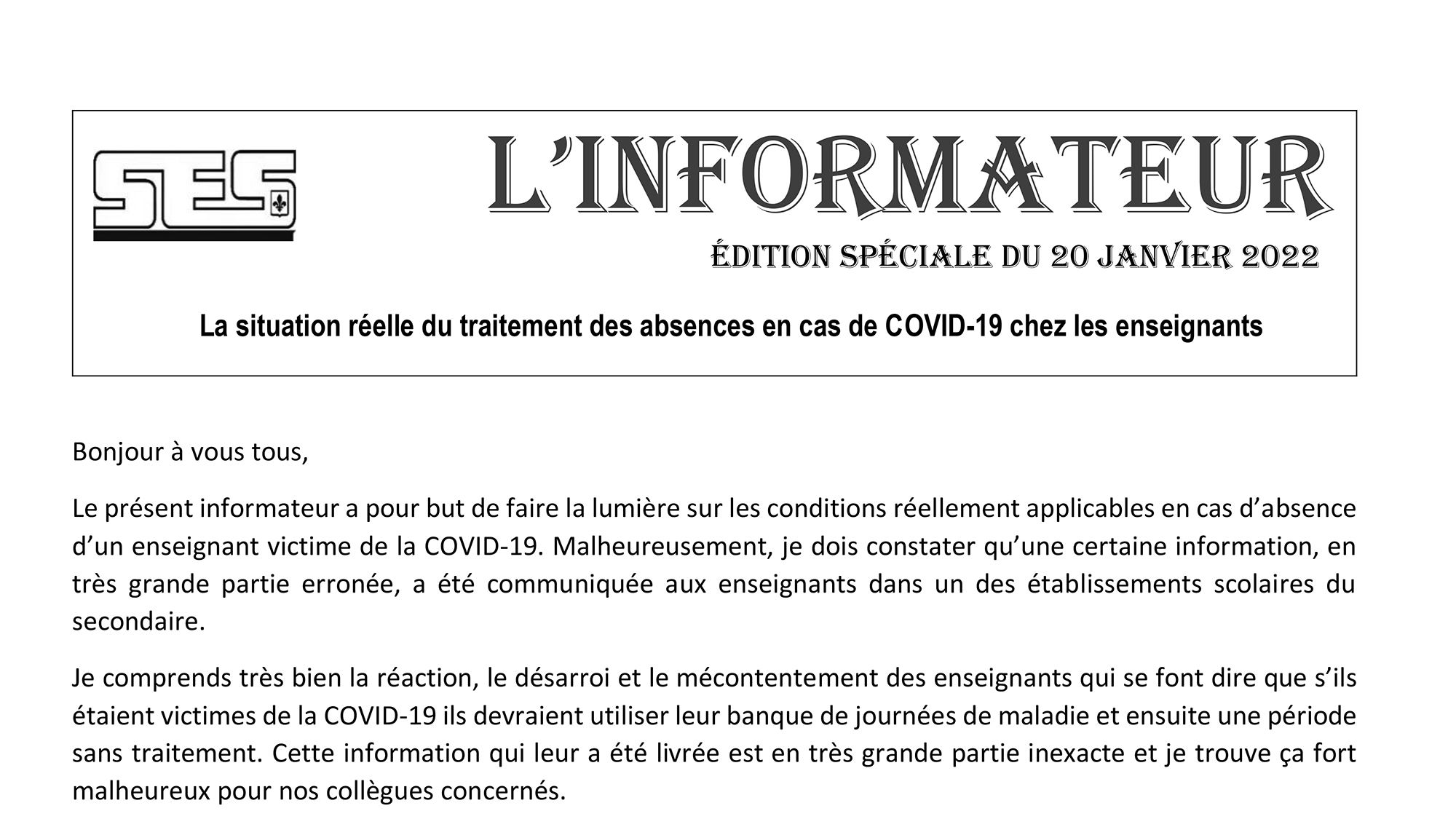 L’Informateur – Édition spéciale du 20 janvier 2022