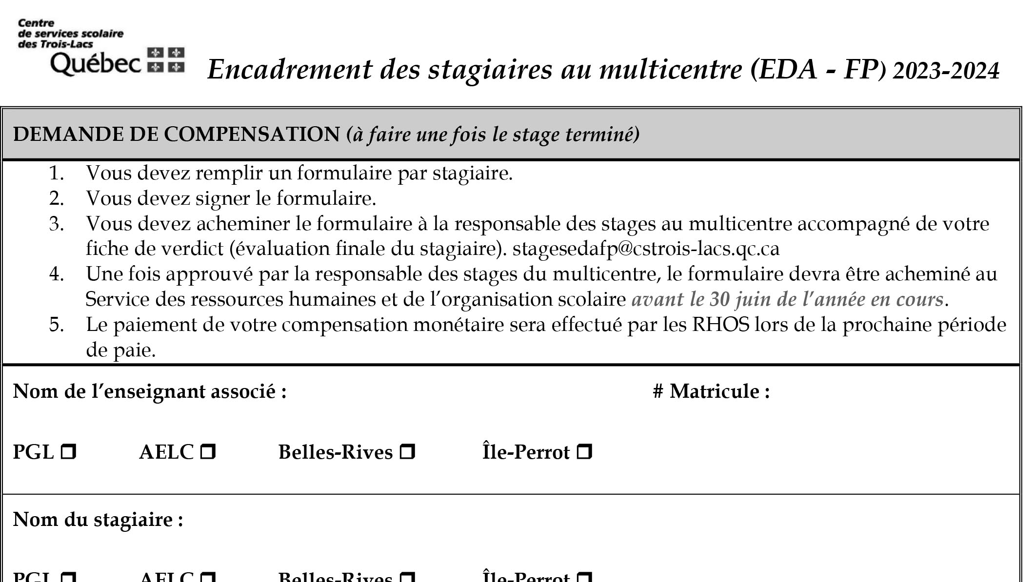 Demande de compensation – Encadrement des stagiaires au multicentre (EDA – FP) 2023-2024