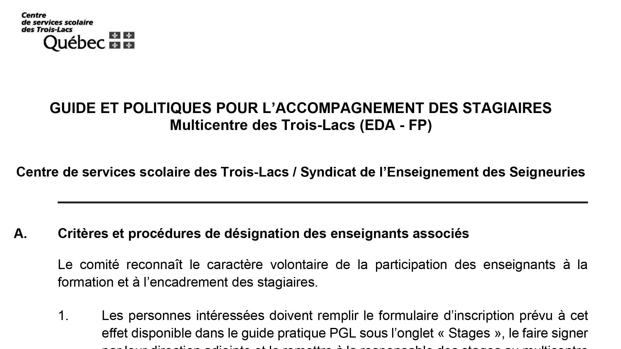 Le guide et politiques pour l’accompagnement des stagiaires au multicentre