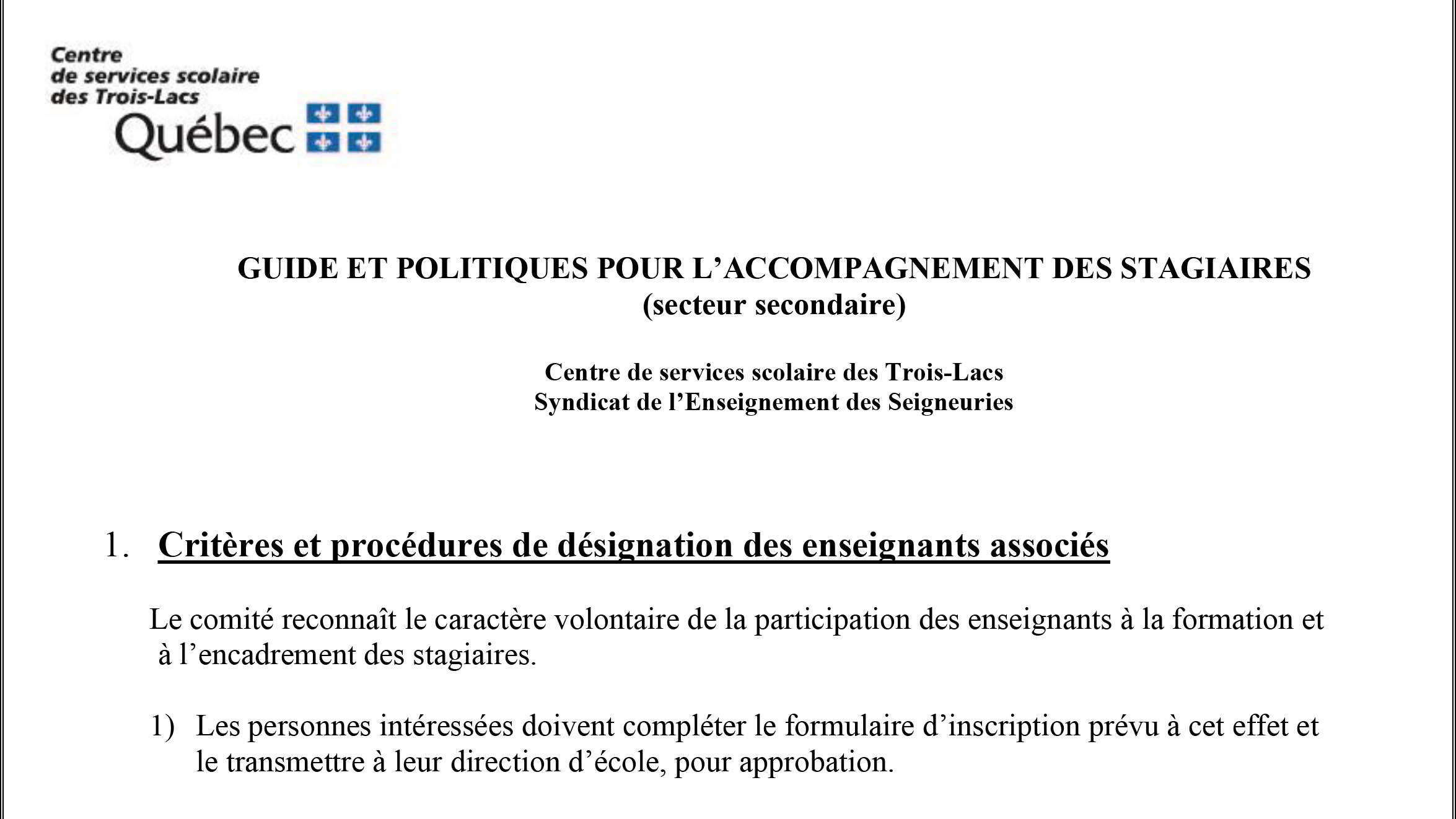 Guide et politiques pour l’accompagnement des stagiaires au secondaire
