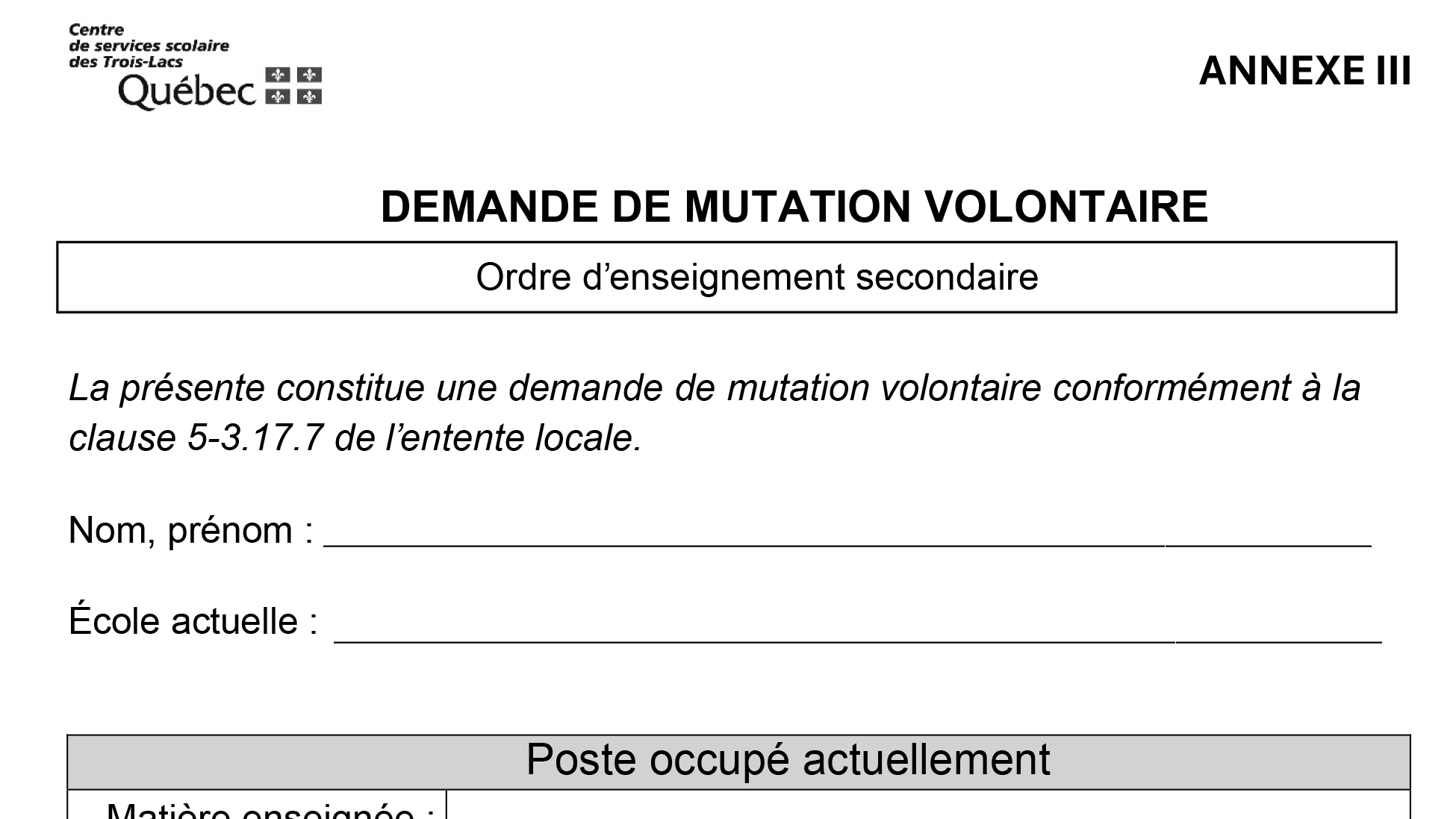 Demande de mutation volontaire – secondaire