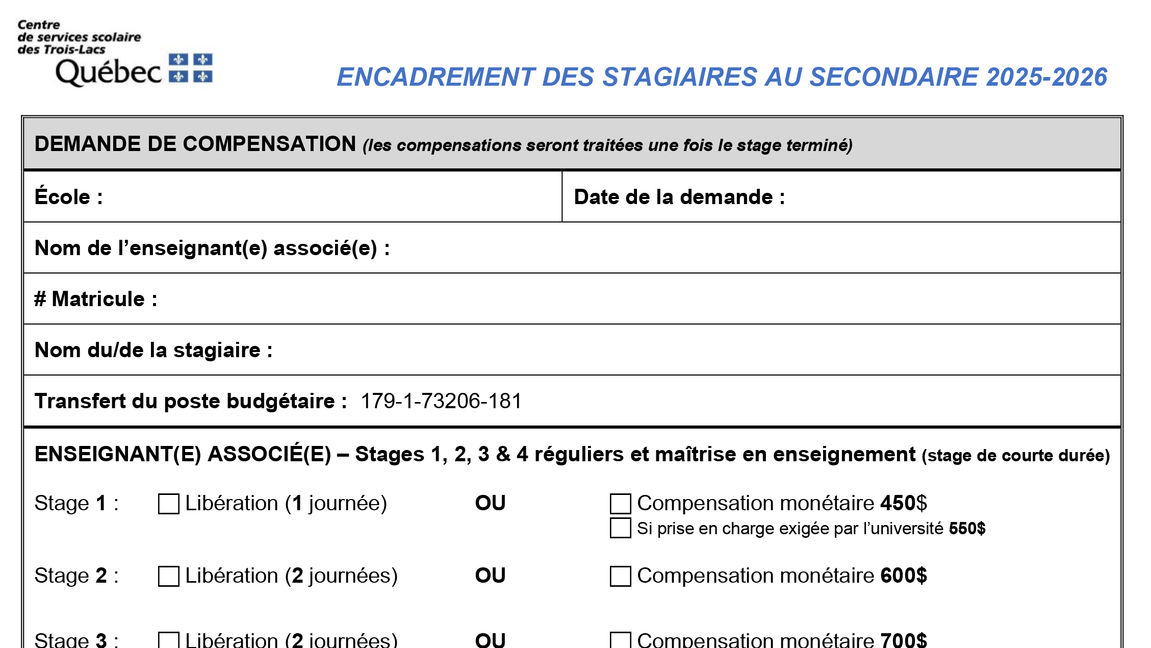 Demande de compensation – Encadrement des stagiaires au secondaire (2025-2026)