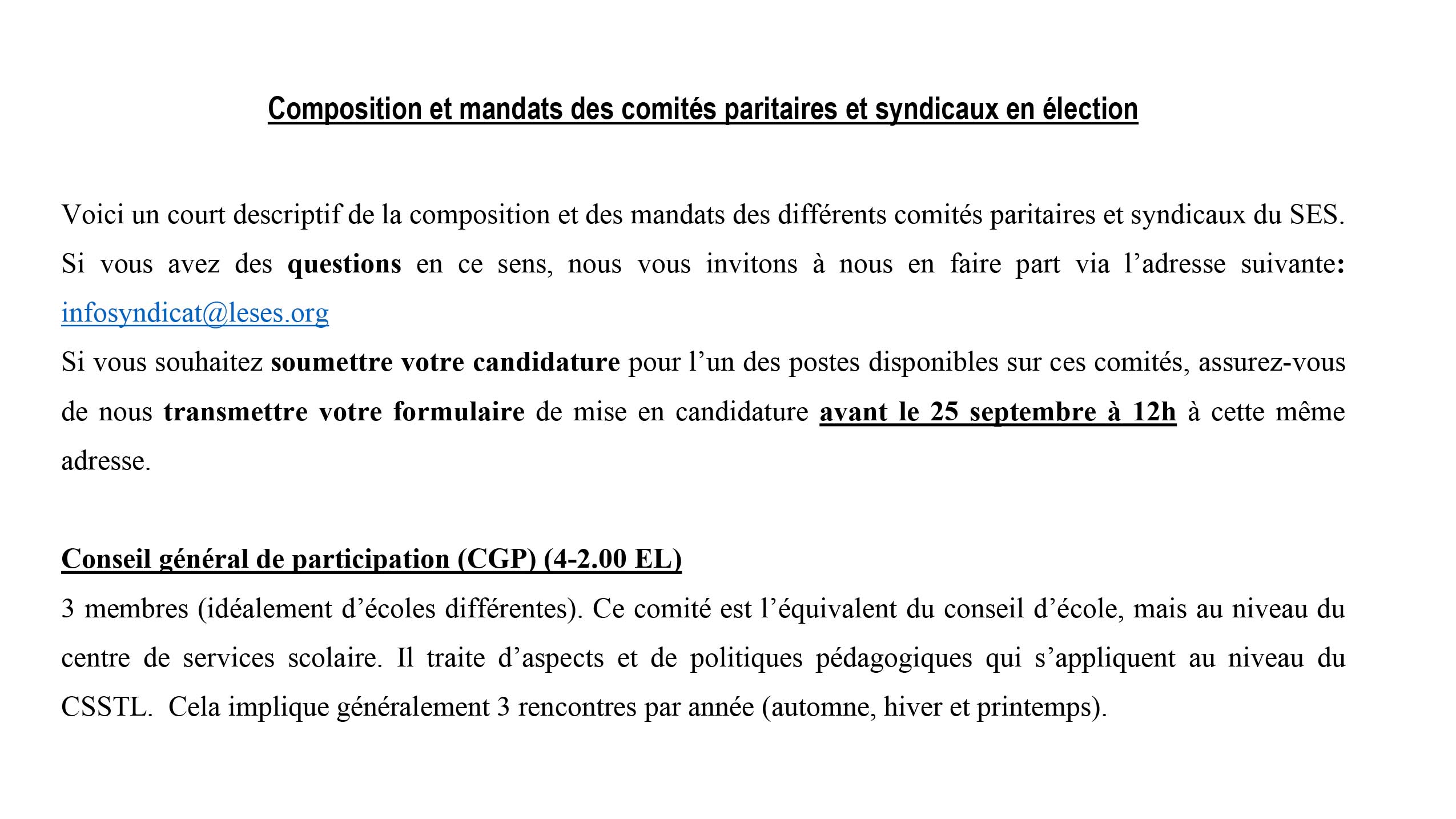 Compositions et mandats des comités paritaires et syndicaux