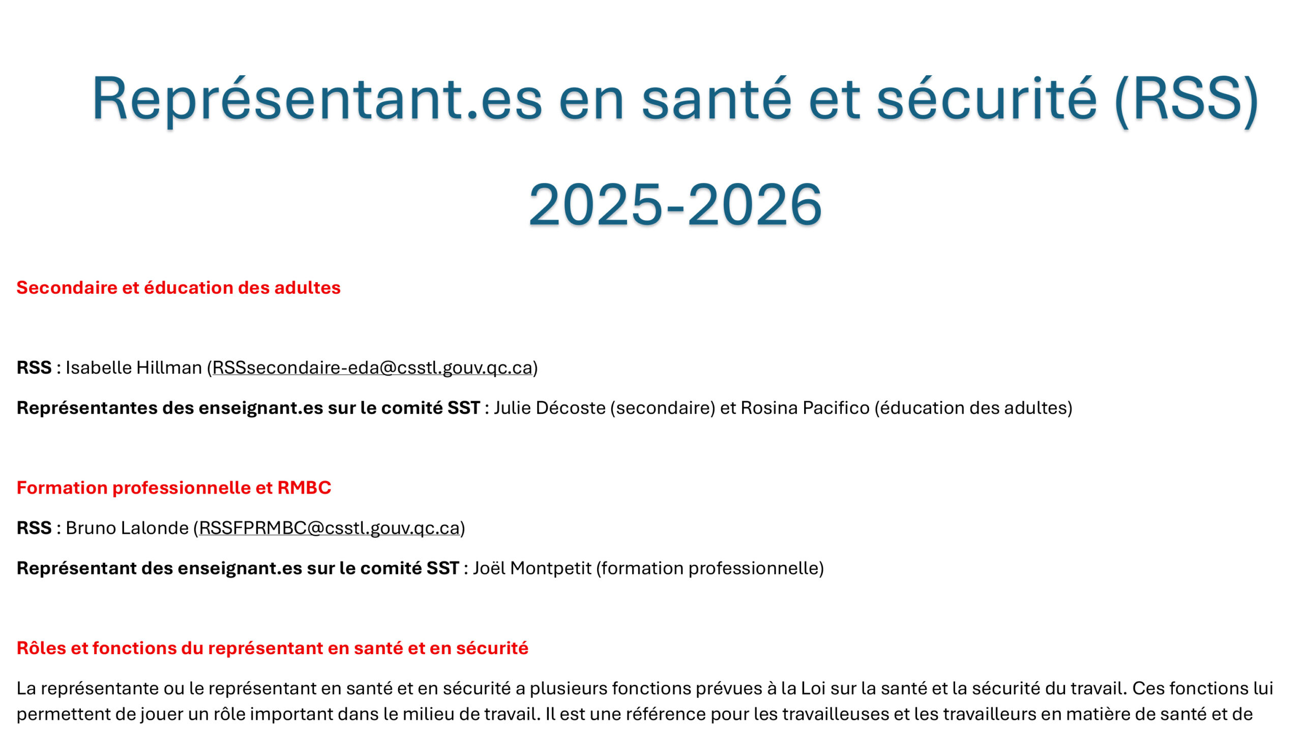 Représentant-es en santé et sécurité (RSS) 2025-2025