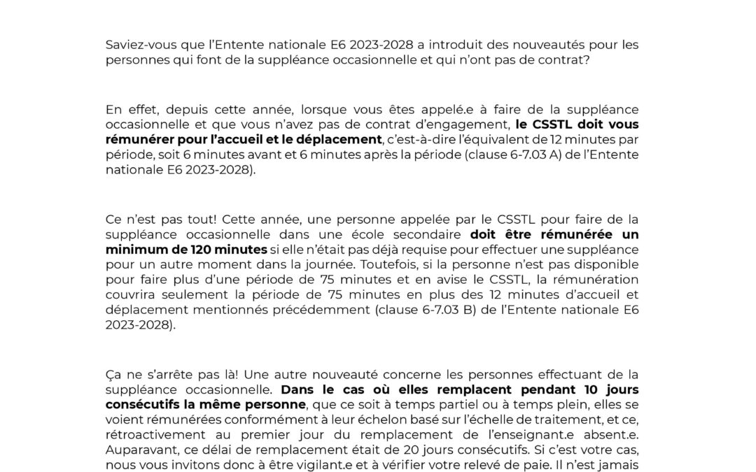 Nouveautés pour les personnes qui font de la suppléance occasionnelle et qui n’ont pas de contrat
