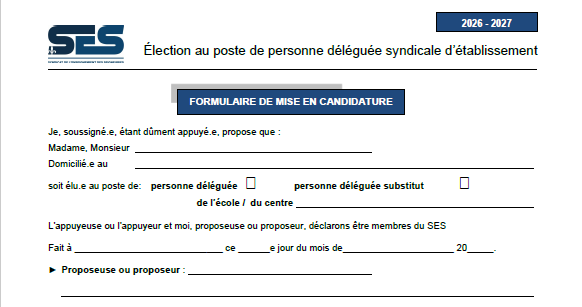 Formulaire de mise en candidature – personnes déléguées 2026-2027
