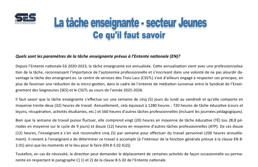 Aménagement de la tâche au secteur Jeunes