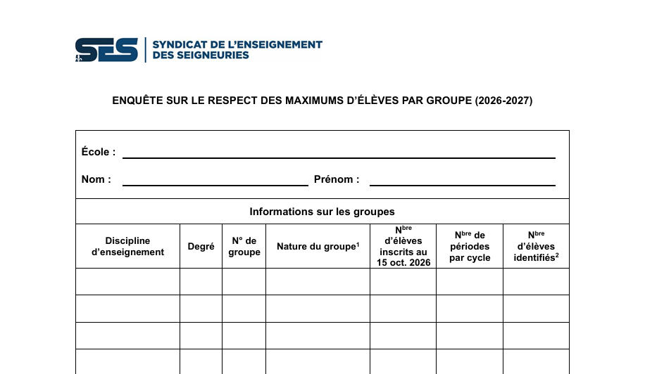 Formulaire – Enquête sur le respect des maximums d&rsquo;élèves par groupe